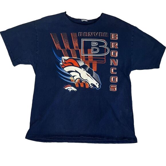 y2k Denver Broncos T-Shirt Blue Navy Short Sleeve Logo Graphic Tee Pullover - Picture 1 of 6